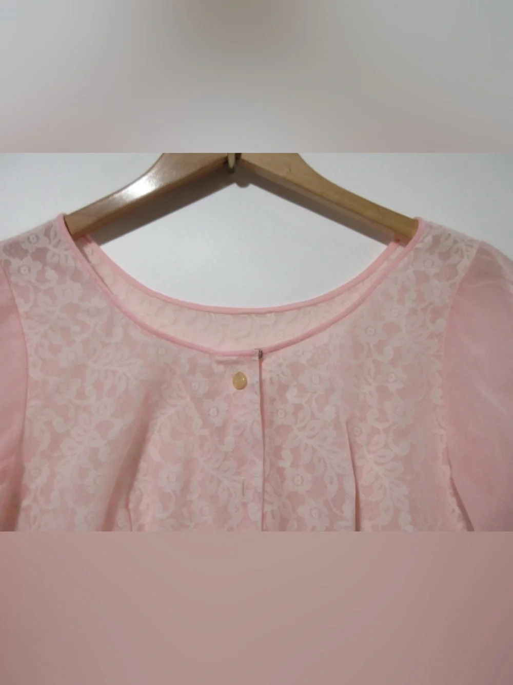 Vintage Miss Elaine Pink Peignoir Dressing Gown Sheer Lace Puff Sleeves Small